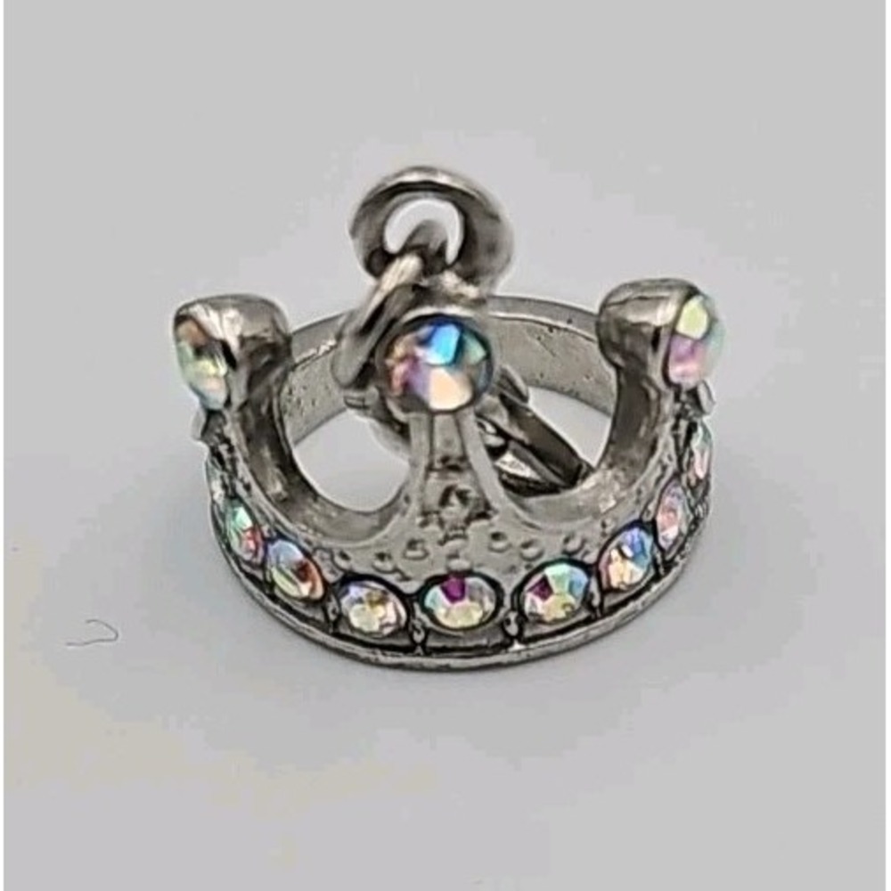 Princess Crown 3D Clip On Charm Rhinestone Silver Tone Bracelet Zipper Pull